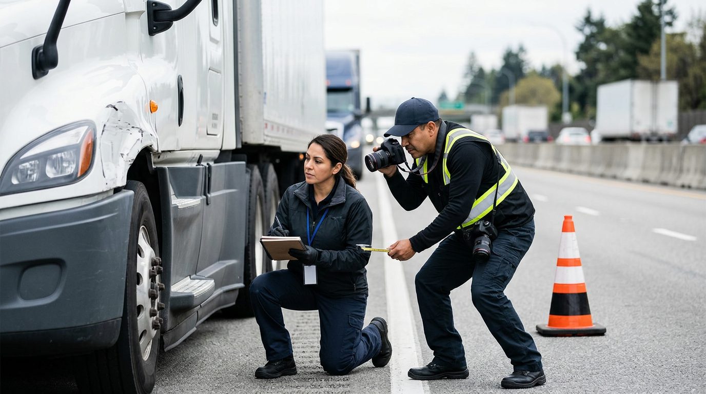 Investigadores documentan colisión de camiones en carretera cerrada.