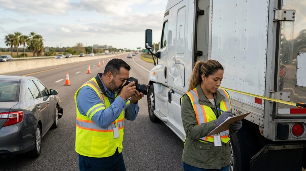 Investigadores documentan colisión de camiones en carretera cerrada con personal hispano.