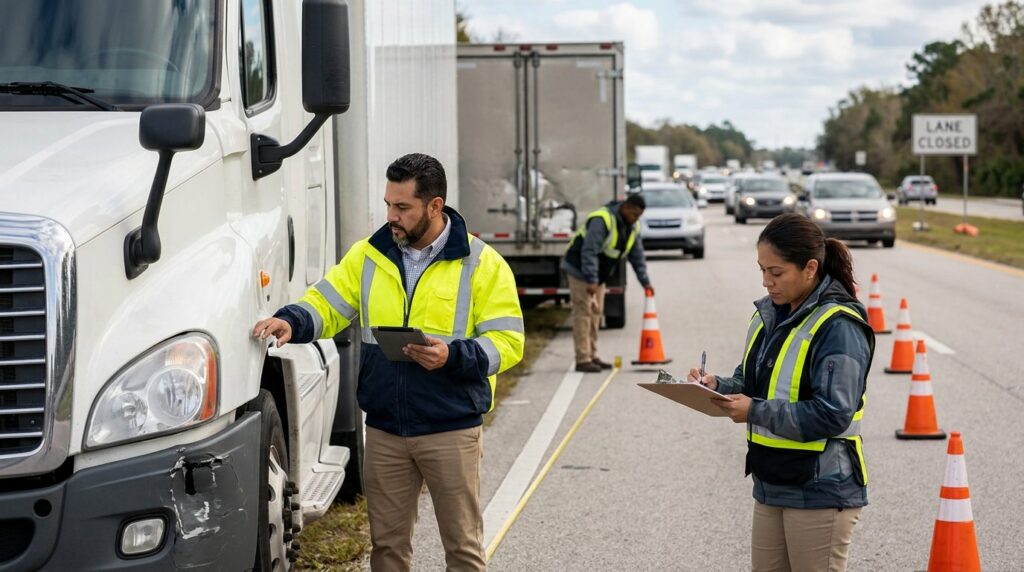Investigadores documentan colisión de vehículos comerciales en carretera cerrada.