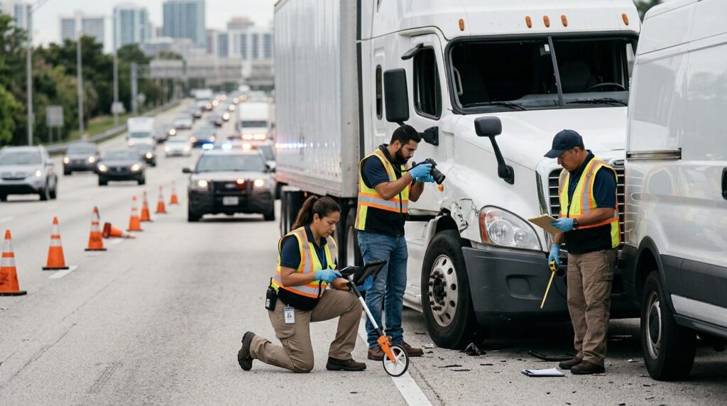 Investigadores documentan colisión de vehículos comerciales en carretera cerrada.