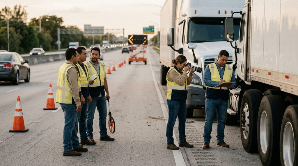 Investigadores documentan colisión de vehículos comerciales en carretera cerrada.