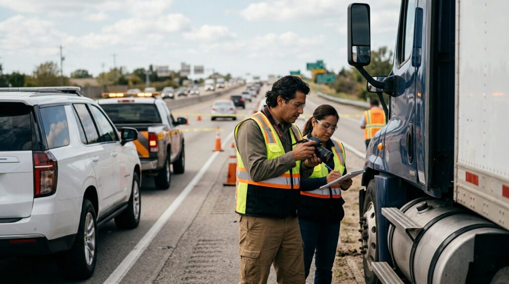 Investigadores documentan colisión de vehículos comerciales en carretera cerrada.