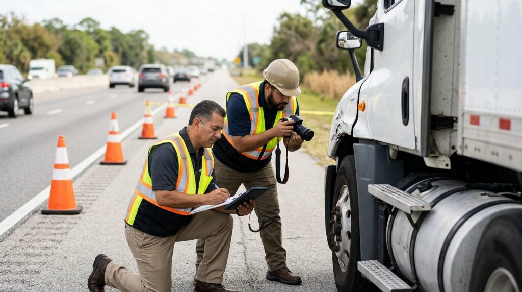 Investigadores documentan colisión de vehículos comerciales en carretera cerrada.