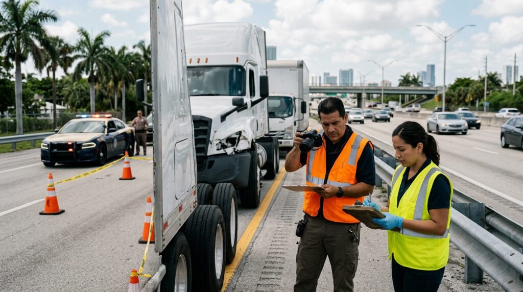Investigadores documentan colisión de vehículos comerciales en carretera cerrada.