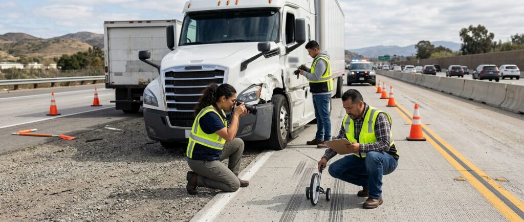 Investigadores documentan colisión de vehículos comerciales en carretera cerrada.