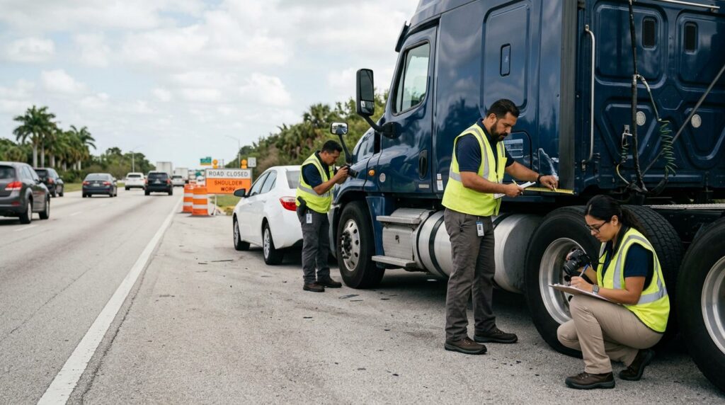 Investigadores documentan colisión de vehículos comerciales en carretera cerrada.