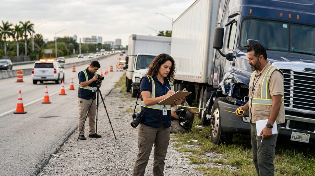 Investigadores documentan colisión de vehículos comerciales en carretera cerrada.