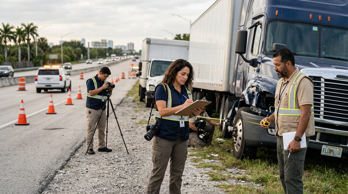 Investigadores documentan colisión de vehículos comerciales en carretera cerrada.