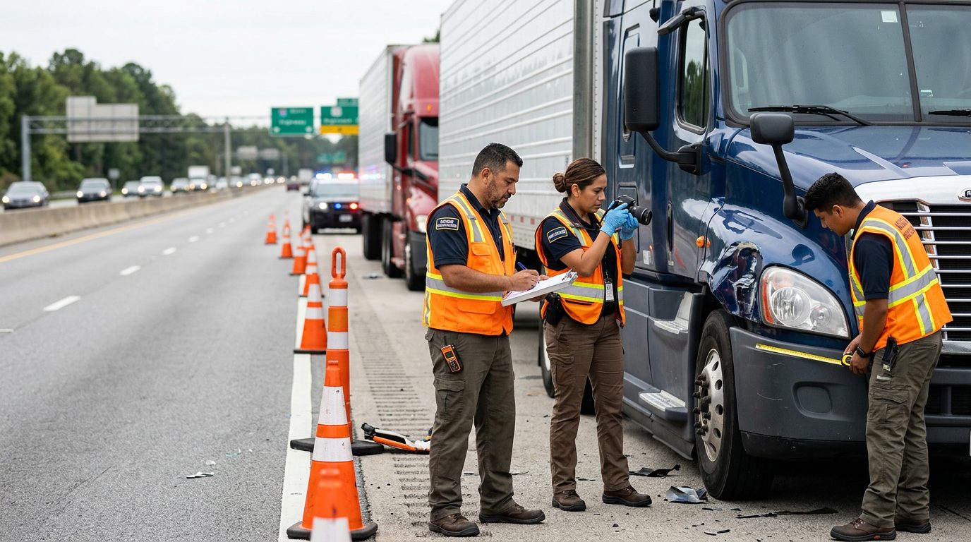 Investigadores documentan colisión de vehículos comerciales en carretera cerrada.