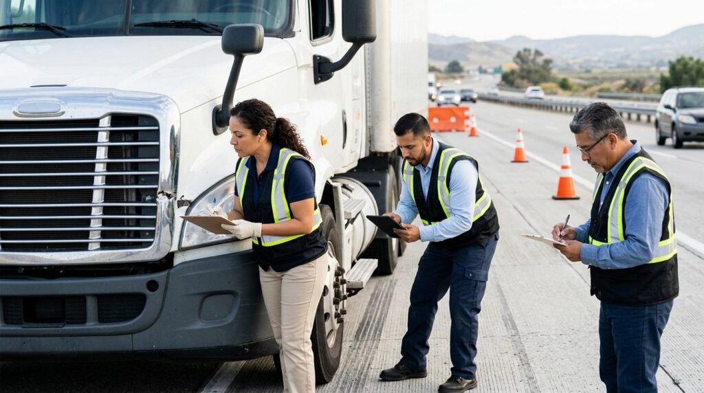 Investigadores documentan colisión de vehículos comerciales en carretera cerrada.