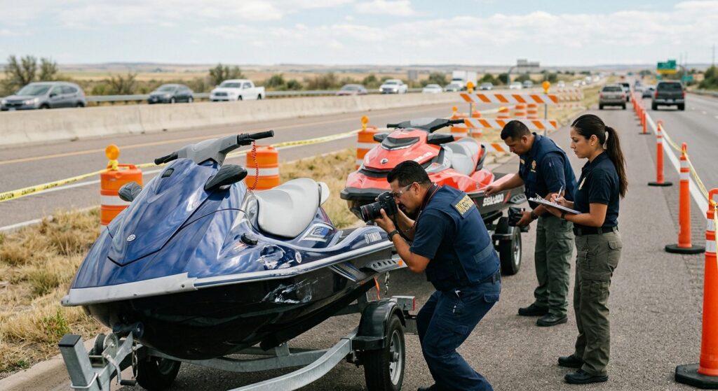 Investigadores documentan colisión de vehículos comerciales en carretera cerrada.