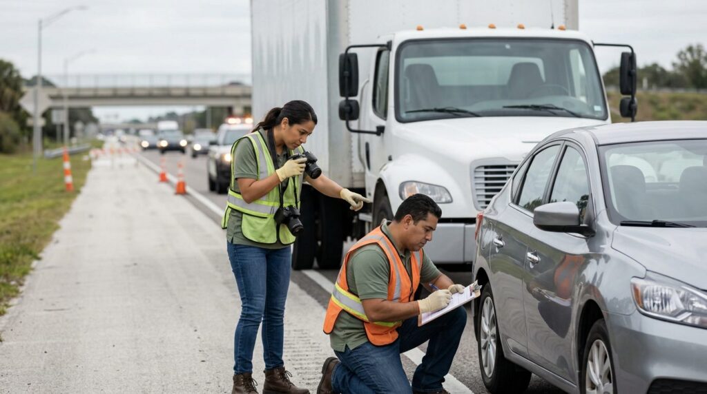 Investigadores documentan colisión de vehículos comerciales en carretera cerrada.
