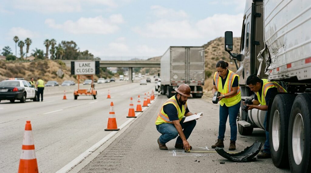 Investigadores documentan colisión de vehículos comerciales en carretera cerrada.