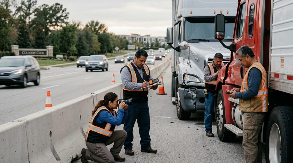Investigadores documentan colisión de vehículos comerciales en carretera cerrada.