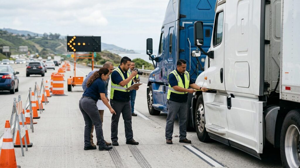 Investigadores documentan colisión de vehículos en carretera cerrada.