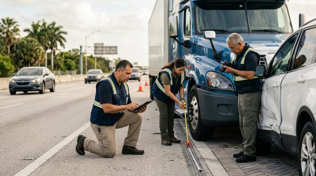 Investigadores documentan colisión de vehículos en carretera cerrada junto a camión comercial.