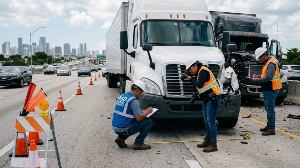 Investigadores documentan colisión de vehículos en carretera cerrada junto a camión comercial.