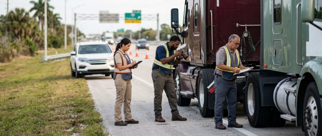 Investigadores documentan colisión de vehículos en carretera cerrada en Sweetwater, Florida.