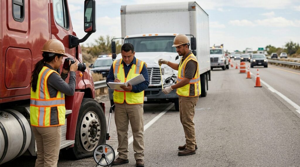 Investigadores documentan colisión de vehículos en carretera cerrada.