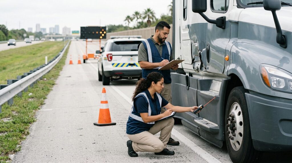 Investigadores documentan colisión de vehículos en carretera cerrada junto a camión comercial.