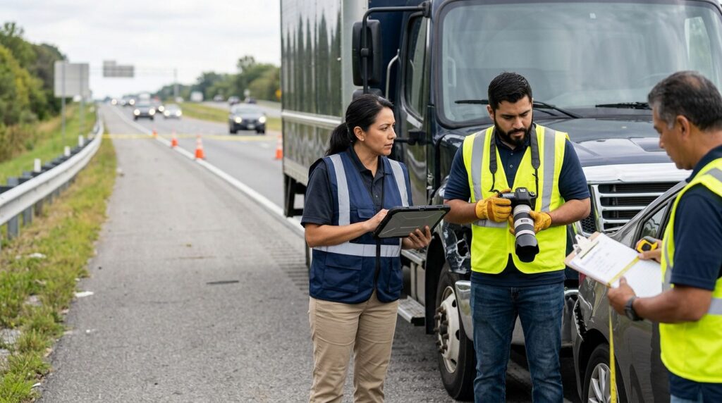 Investigadores documentan colisión entre camión comercial en carretera cerrada.
