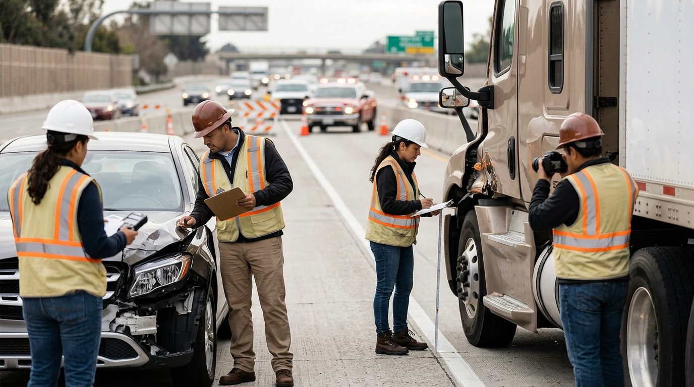 Investigadores documentan colisión entre vehículos en carretera cerrada.