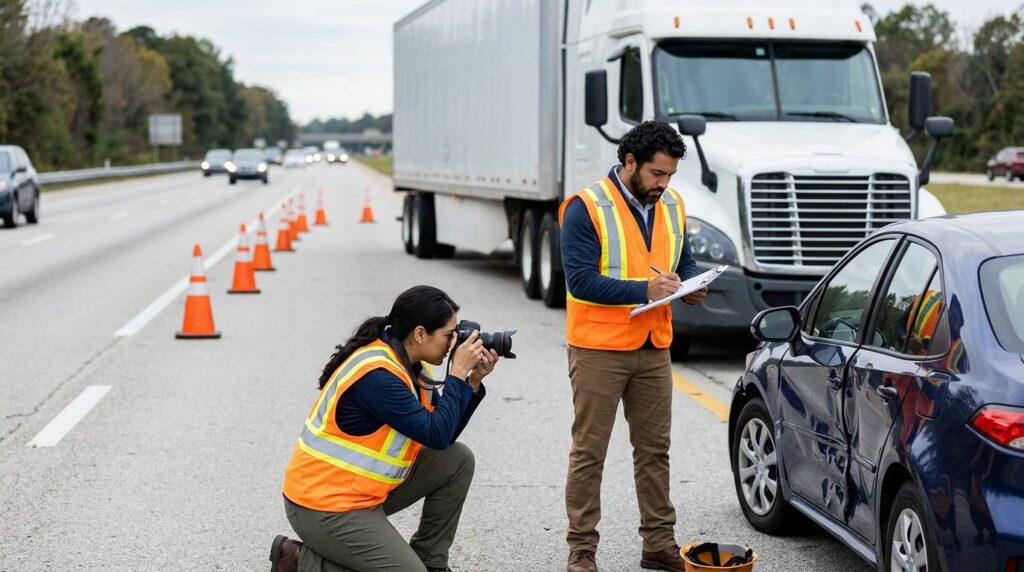 Investigadores documentan colisión entre vehículos en carretera cerrada.