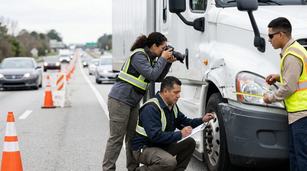 Investigadores documentan daños de vehículos comerciales en carretera cerrada.