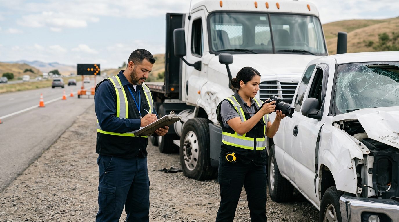 Investigadores documentan daños de vehículos tras colisión en carretera cerrada.