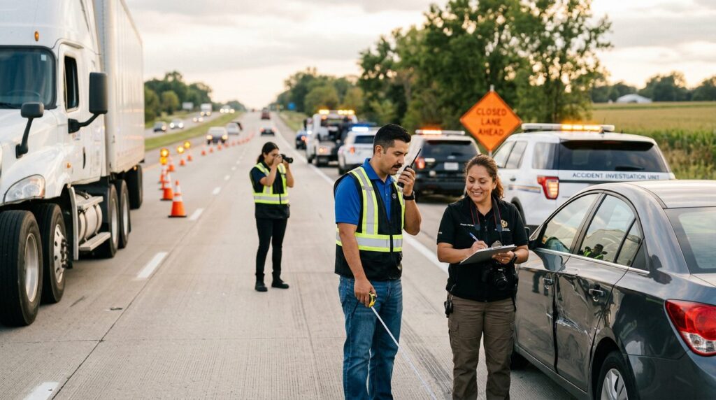 Investigadores documentan daños en vehículos tras colisión en carretera cerrada.