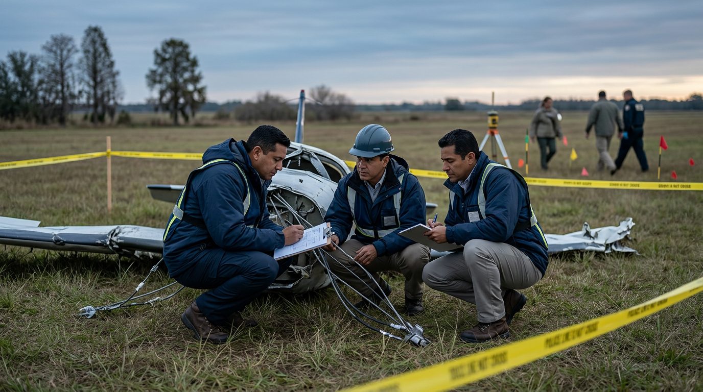 Investigadores documentan fuselaje de avioneta en campo acordonado al amanecer.