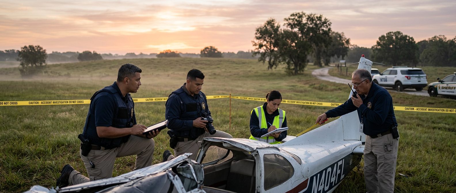 Investigadores documentan fuselaje de avioneta en campo acordonado al amanecer.