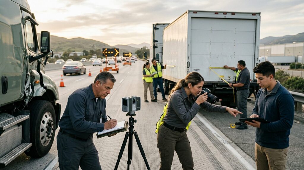Investigadores documentan vehículos colisionados en carretera cerrada junto a camión comercial.