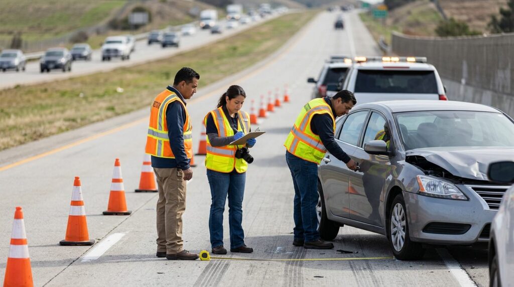 Investigadores documentan vehículos dañados en carretera cerrada tras colisión.