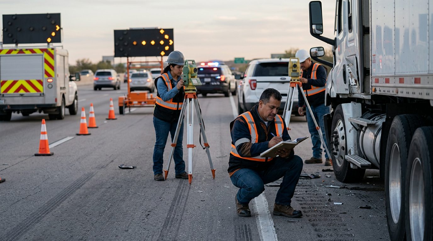 Investigadores documentan vehículos dañados en carretera cerrada tras colisión.