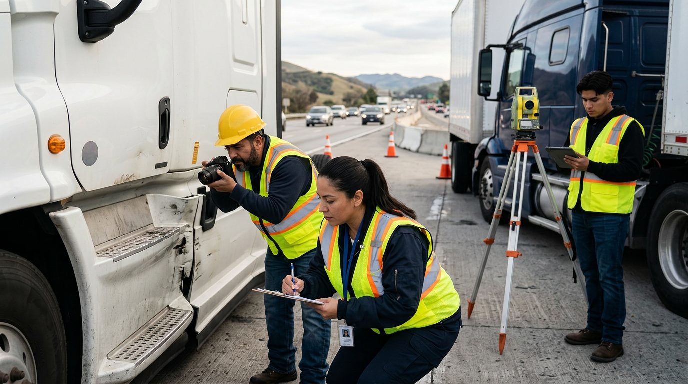 Investigadores documentan vehículos dañados en carretera cerrada tras colisión.
