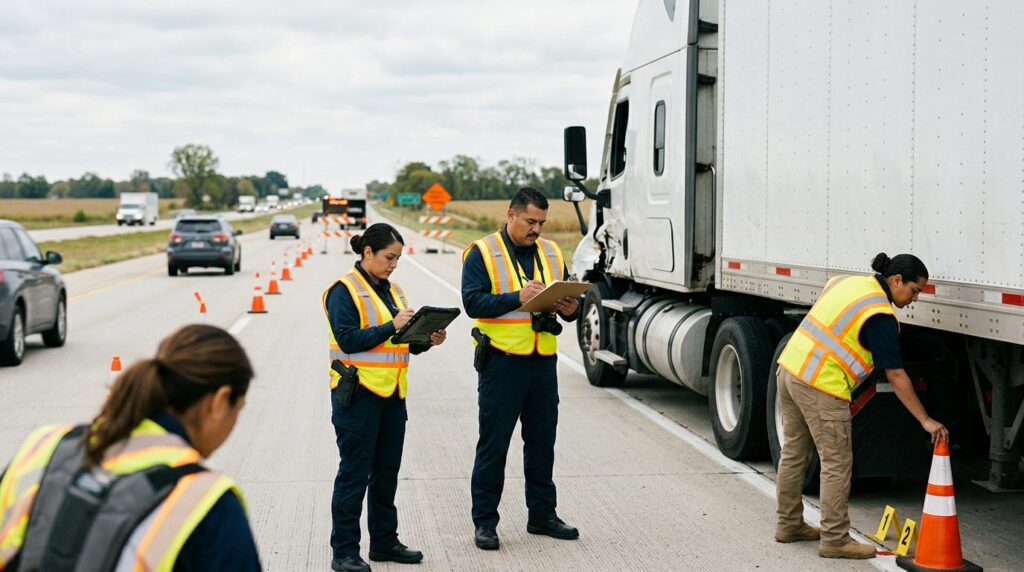 Investigadores documentan vehículos dañados en carretera tras colisión.