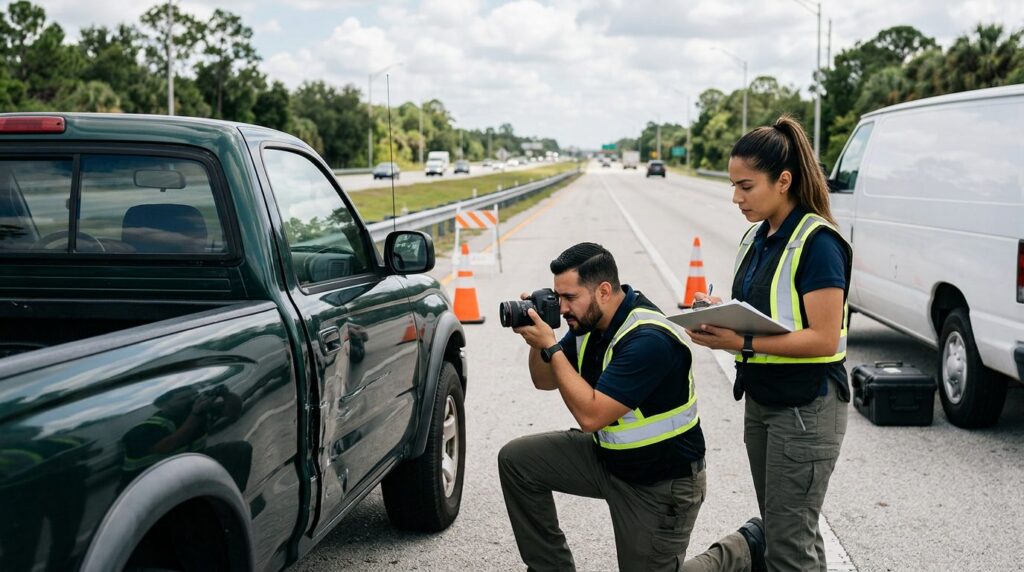 Investigadores documentan vehículos dañados junto a carril cerrado de autopista.