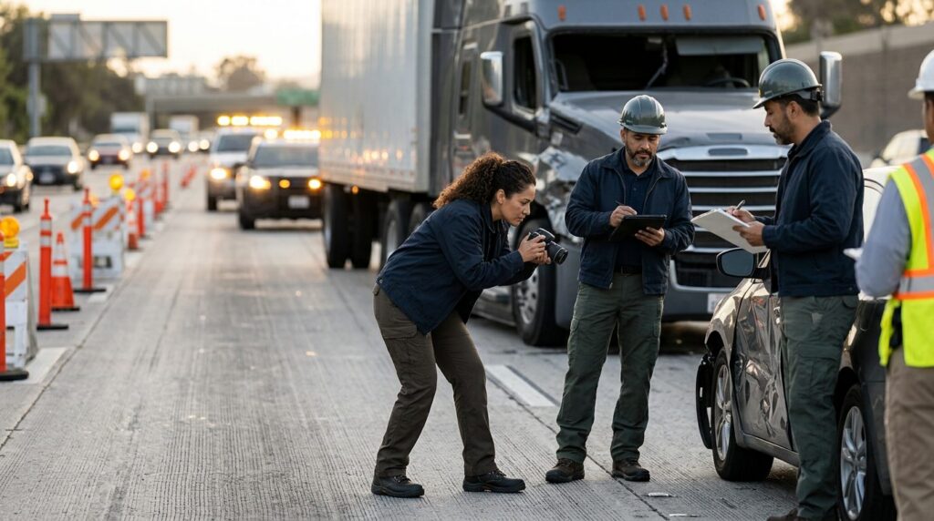 Investigadores documentan vehículos después de colisión de camión en carretera cerrada.