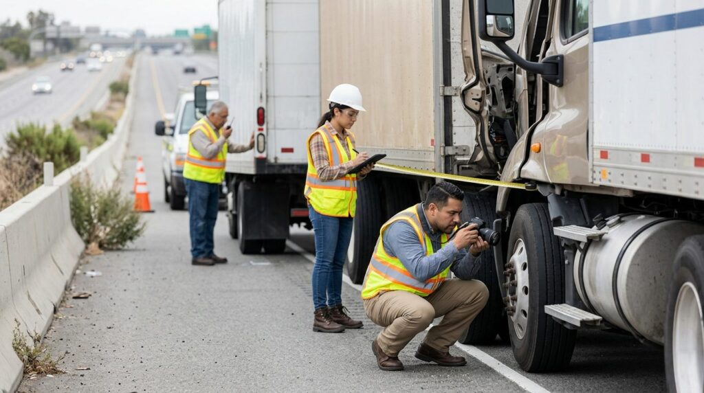 Investigadores documentan vehículos después de colisión en carretera cerrada.