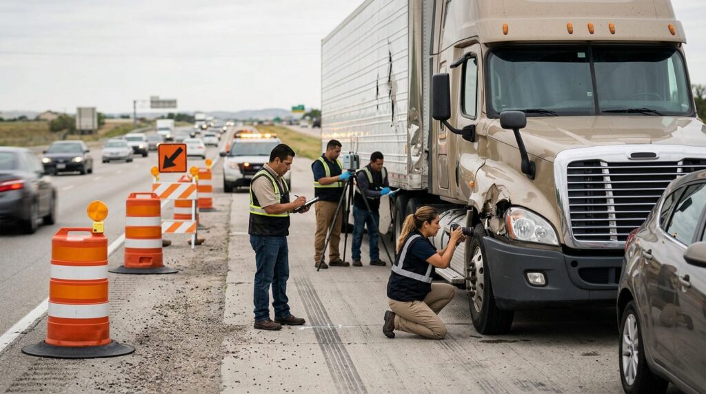 Investigadores documentan vehículos después de colisión en carretera cerrada.