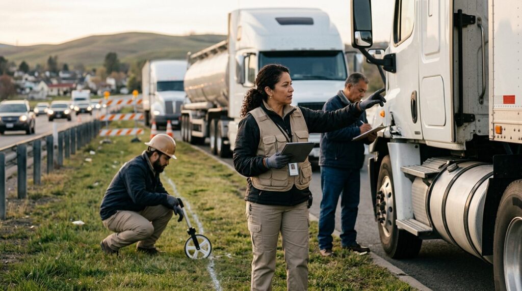 Investigadores documentan vehículos después de colisión en carretera cerrada.