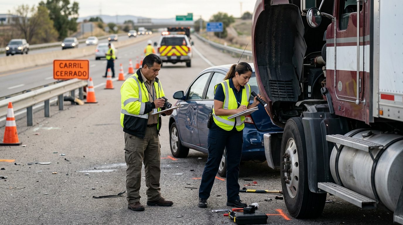 Investigadores documentan vehículos después de colisión en carretera cerrada.