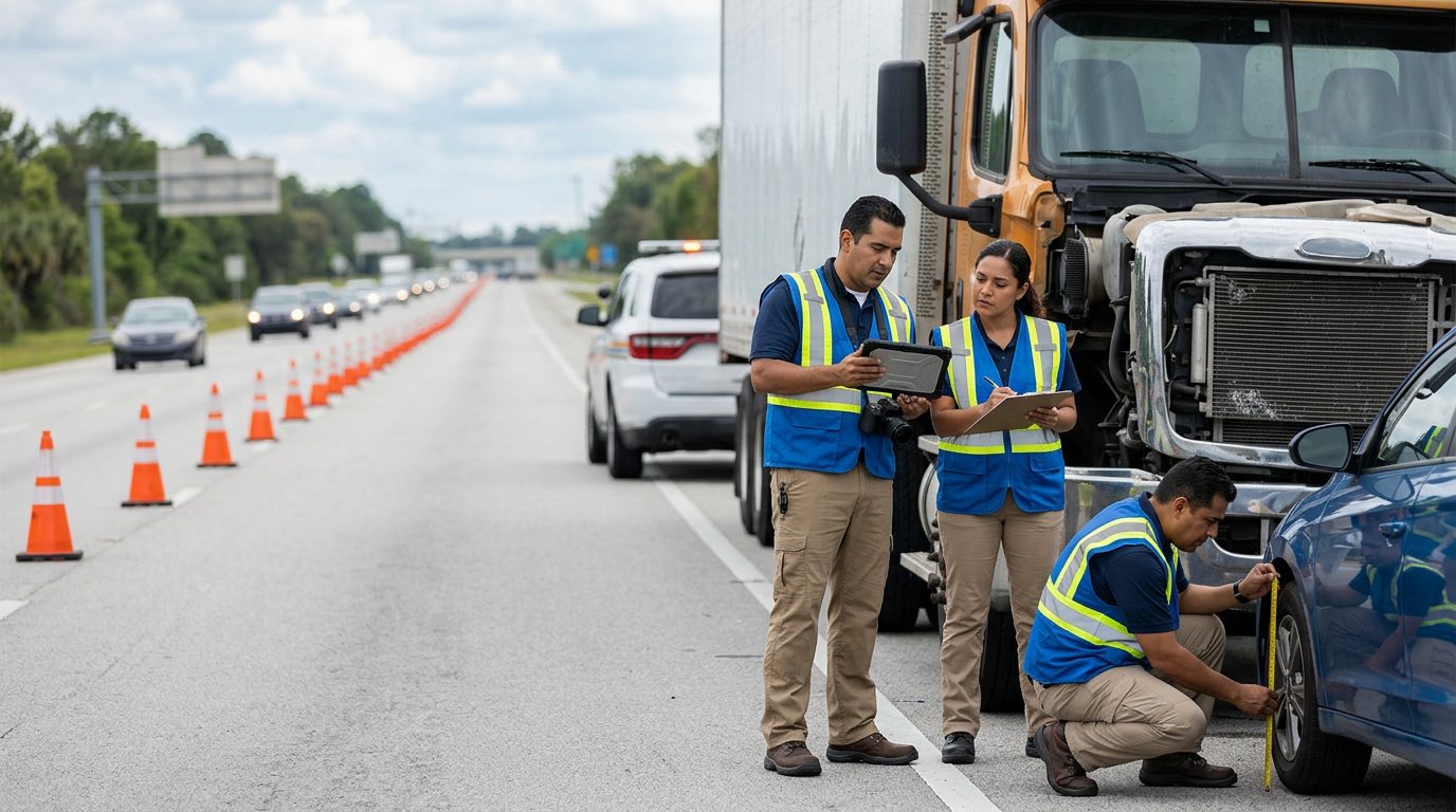 Investigadores documentan vehículos después de colisión en carretera cerrada.