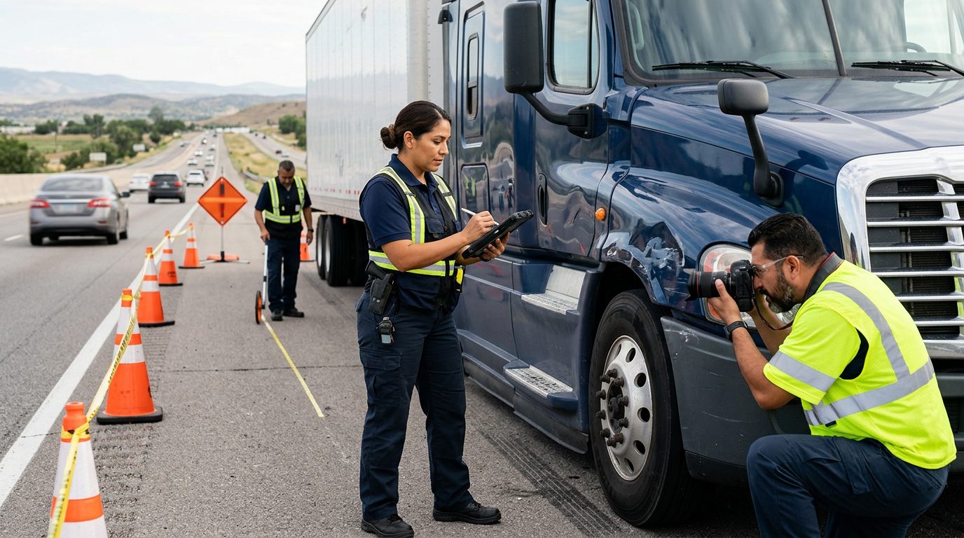 Investigadores documentan vehículos después de colisión en carretera cerrada.