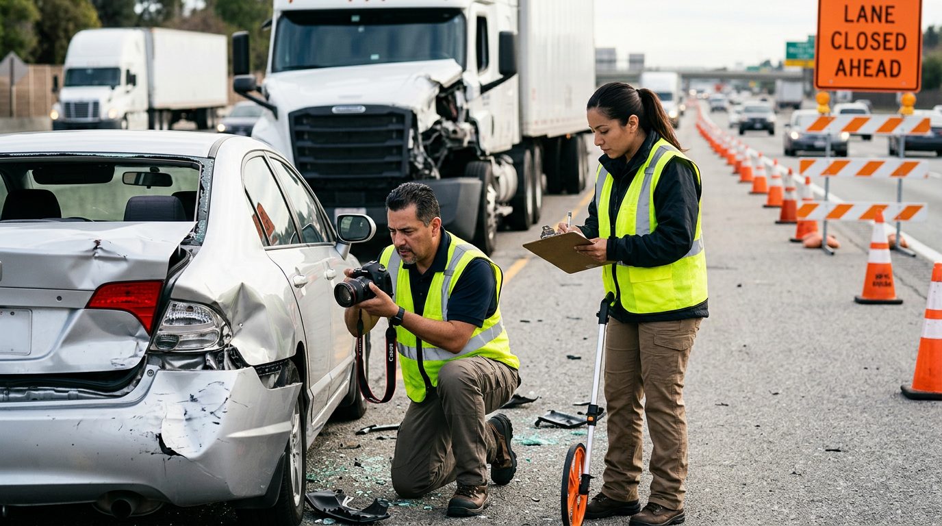 Investigadores documentan vehículos después de colisión en carretera cerrada.