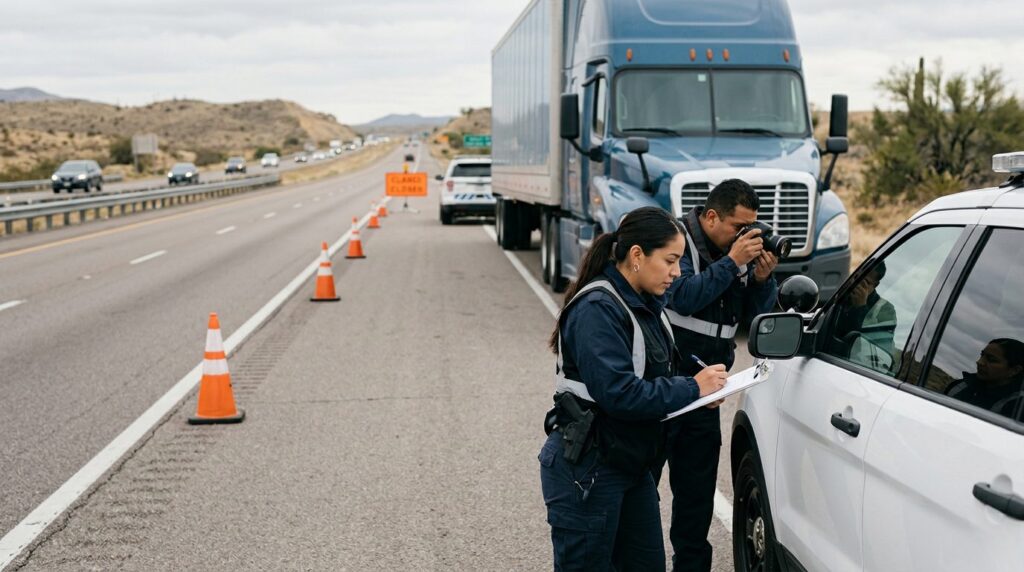 Investigadores documentan vehículos en carretera cerrada junto a camión comercial.