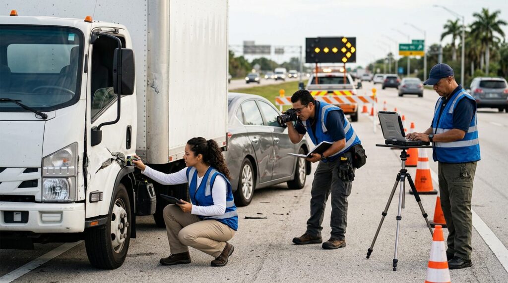 Investigadores documentan vehículos tras colisión de camión comercial en carretera cerrada.