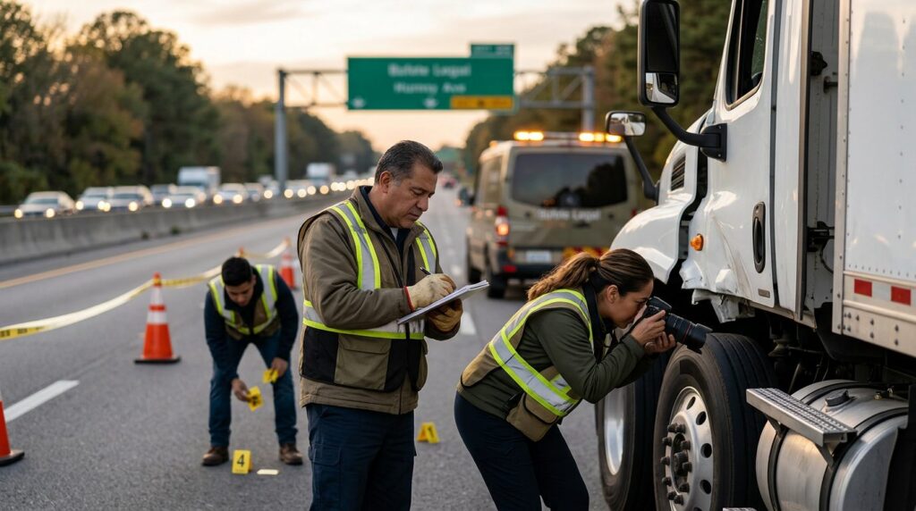 Investigadores documentan vehículos tras colisión de camión en carretera cerrada.