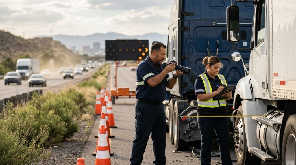 Investigadores documentan vehículos tras colisión en carretera cerrada.